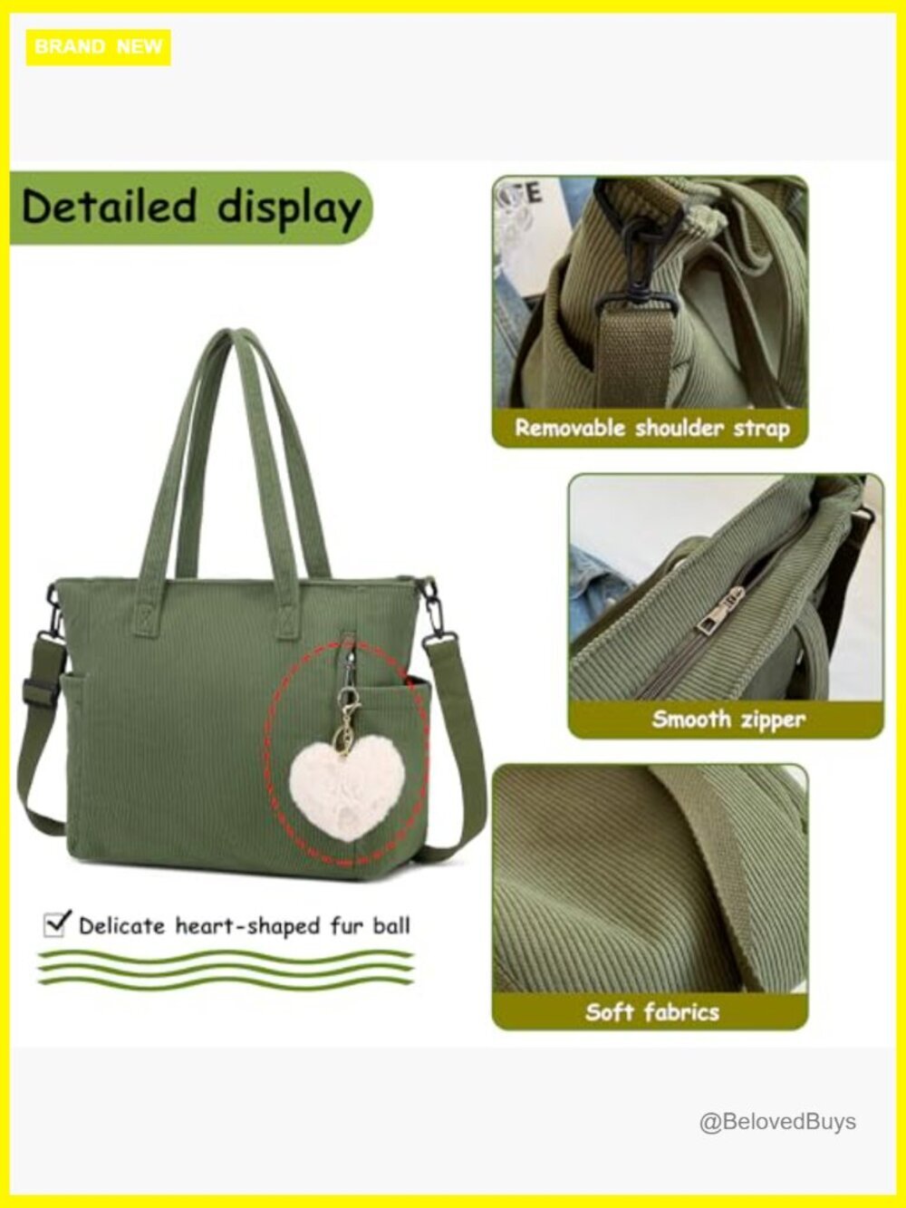 Corduroy Tote Bag Women Shoulder Hobo Crossbody Shopping Purses - Picture 5 of 7